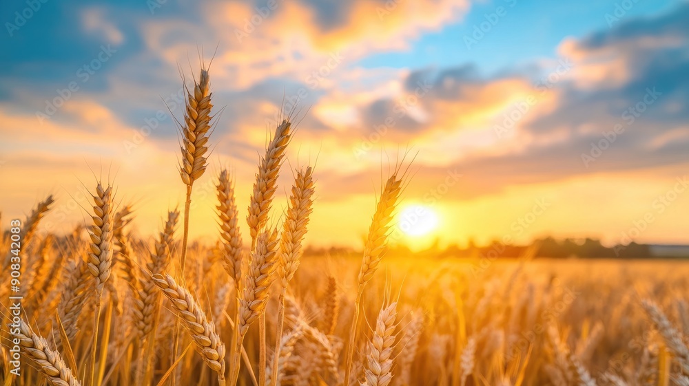 Golden wheat field at sunset, showcasing ripe grains and vibrant sky with clouds Golden wheat field at sunset, showcasing ripe grains and vibrant sky with clouds