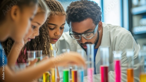A dynamic classroom where students are engaged in a science lesson, conducting experiments, and recording their findings, guided by an enthusiastic teacher who fosters a spirit of inquiry and