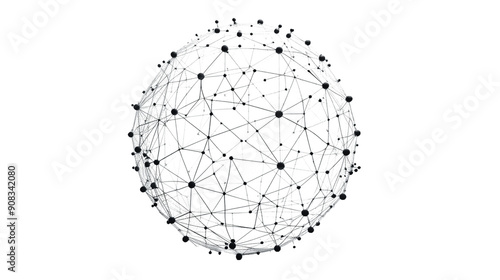 Abstract black low poly grid on sphere with dots and lines isolated on transparent background