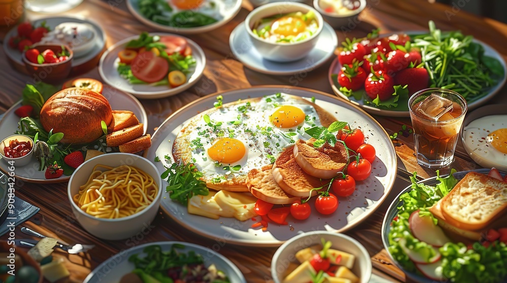 Delicious Breakfast Food on a Wooden Table Realistic 3D Illustration Delicious Breakfast Food on a Wooden Table Realistic 3D Illustration