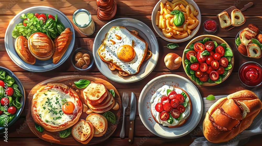 Delicious Food Illustration: A Table Spread of Appetizing Dishes Delicious Food Illustration: A Table Spread of Appetizing Dishes