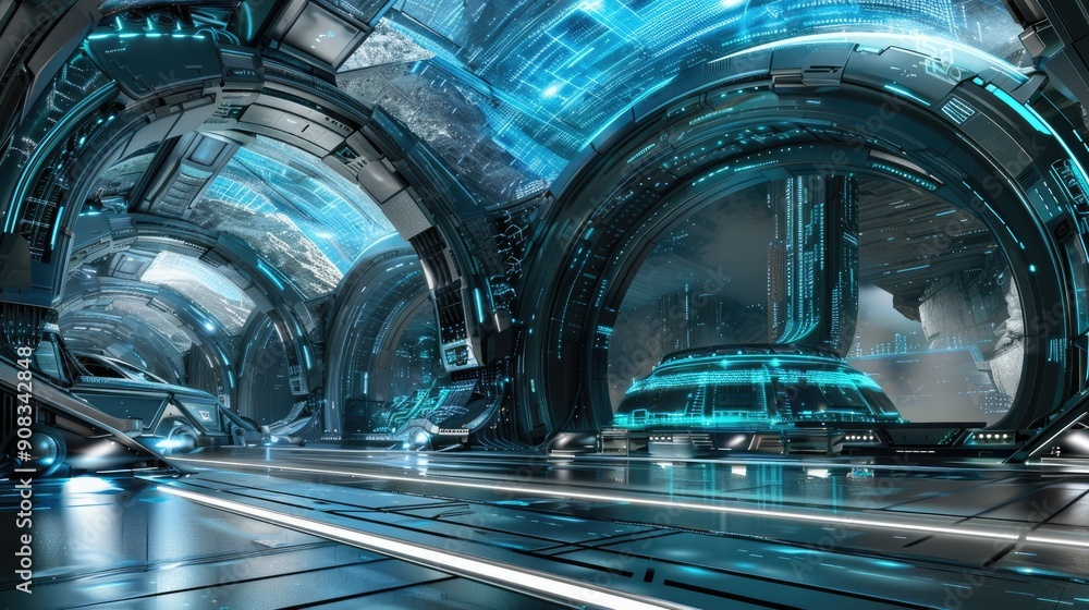 Fototapeta premium Interior of a futuristic dome with a digital sky display