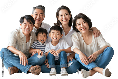 Asian family couple with children wearing white top and blue jeans isolated on transparent background