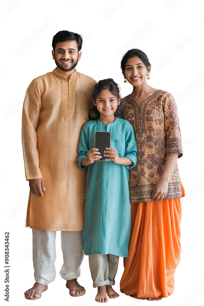 Happy Asian family standing with big smartphone isolated on transparent background Happy Asian family standing with big smartphone isolated on transparent background