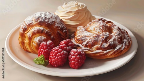 Wallpaper Mural Delicious Pastry with Raspberries on White Plate - 3D Illustration Torontodigital.ca