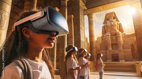 A vibrant and modern classroom where students are using VR headsets to explore a virtual ancient civilization, the room filled with awe and excitement as they interact with the virtual environment,