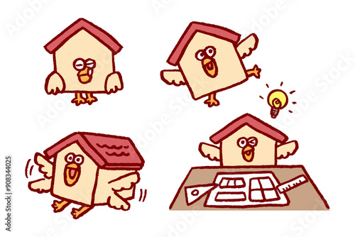 赤い屋根の家のフォルムをした鳥のキャラ素材