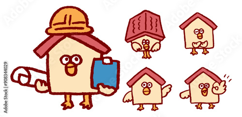 赤い屋根の家のフォルムをした鳥のキャラ素材