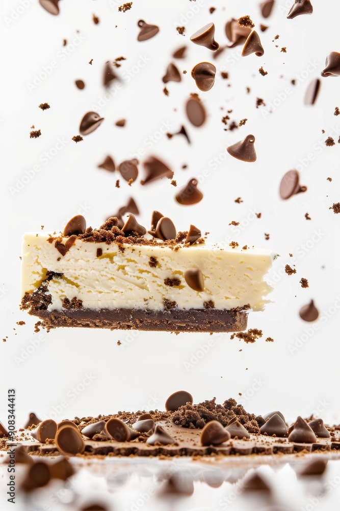 Falling Cheesecake isolated on white background, full depth of field Falling Cheesecake isolated on white background, full depth of field
