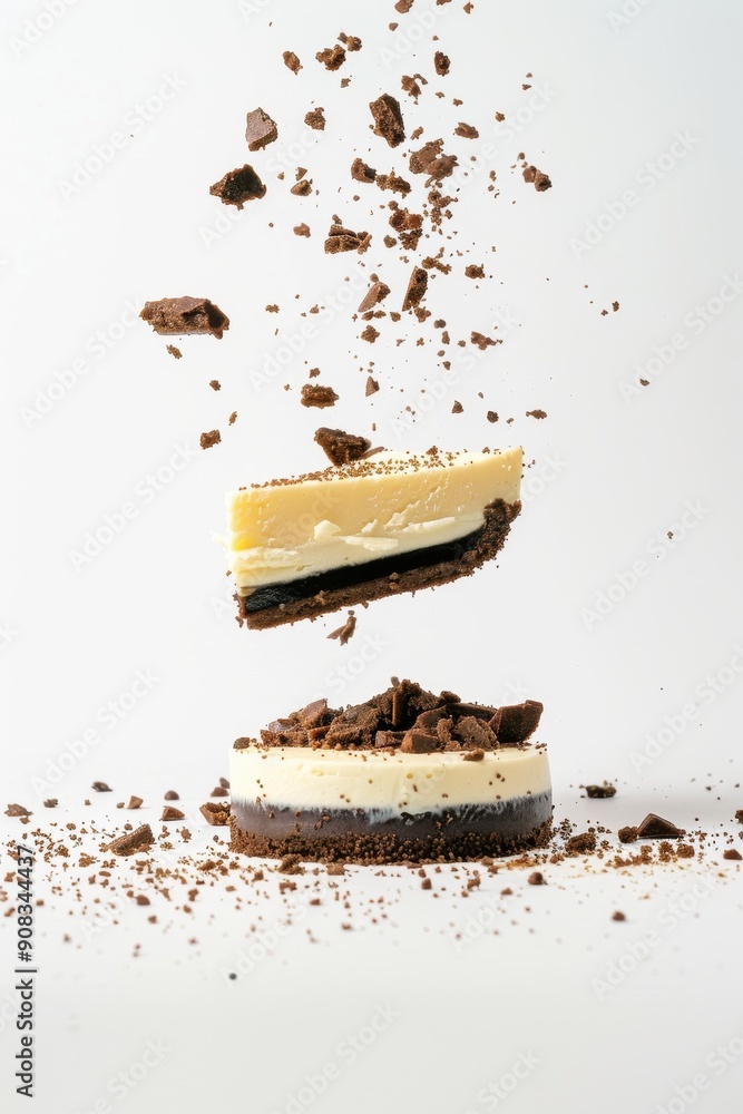 Falling Cheesecake isolated on white background, full depth of field Falling Cheesecake isolated on white background, full depth of field