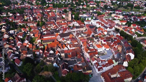 Aerial panorama view around the old town of the city Tauberbischofsheim in Germany on a summer day afternoon.	 photo