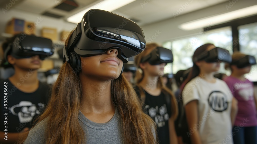 A group of students wearing VR headsets in a classroom, immersed in a virtual learning experience, guided by a teacher, demonstrating the integration of emerging technologies in education and the A group of students wearing VR headsets in a classroom, immersed in a virtual learning experience, guided by a teacher, demonstrating the integration of emerging technologies in education and the