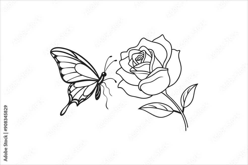 Obraz premium Butterfly and Rose flower outline illustration for coloring book