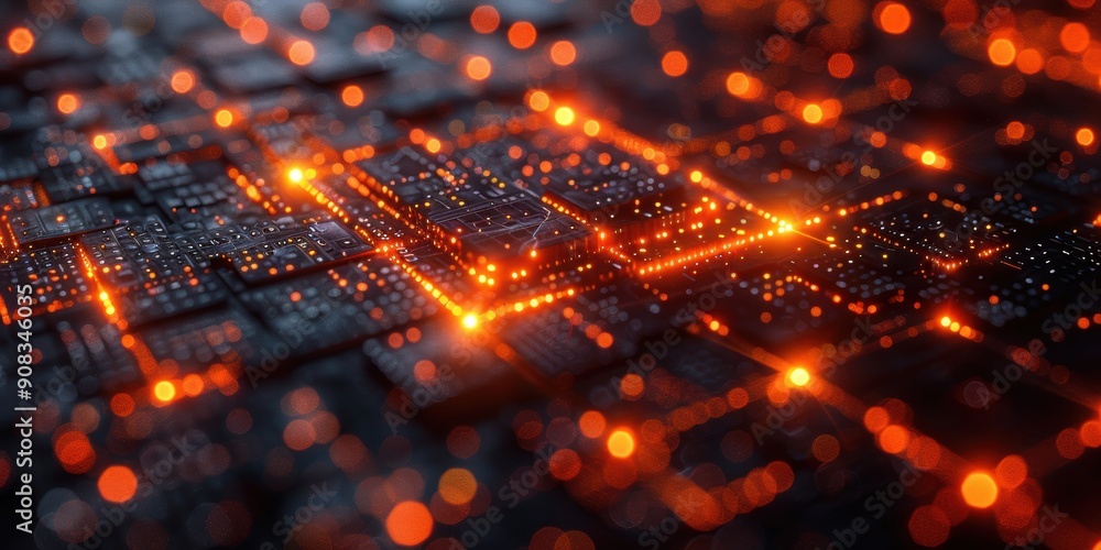 Obraz premium Abstract Digital Circuitry with Glowing Orange Lights
