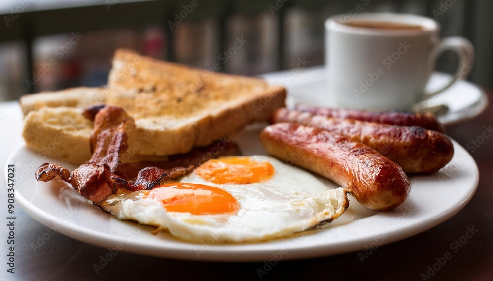 Delicious English Breakfast with Bacon, Sausages, and Tomatoes - AI Art Delicious English Breakfast with Bacon, Sausages, and Tomatoes - AI Art