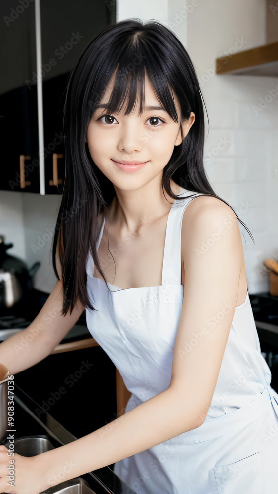 キッチンでエプロン姿で微笑む若い女性 キッチンでエプロン姿で微笑む若い女性