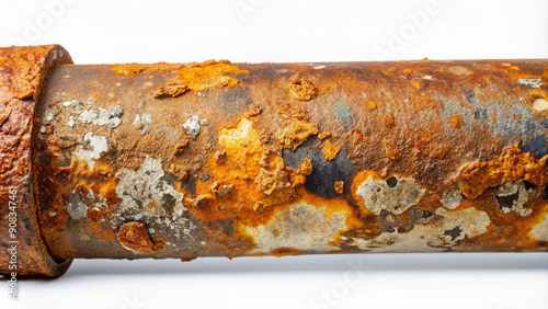 Rusted, corroded steel pipe with flaking paint and orange rust streaks, isolated on a white background, showing severe damage and decay.