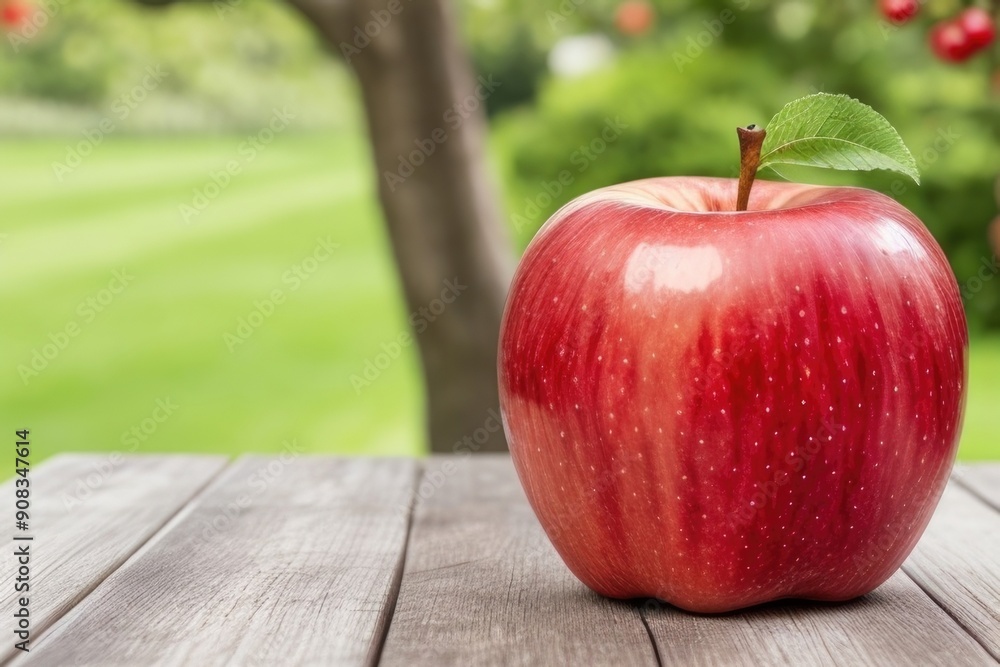 Apple on a wooden table over a blurry nature background Apple on a wooden table over a blurry nature background