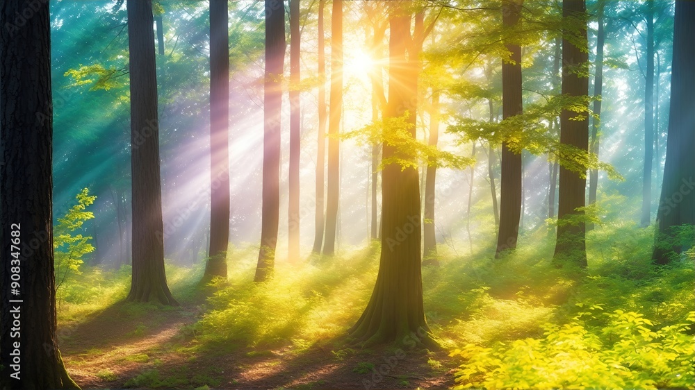 Naklejka premium Beautiful autumn forest with bright sunlight shining through