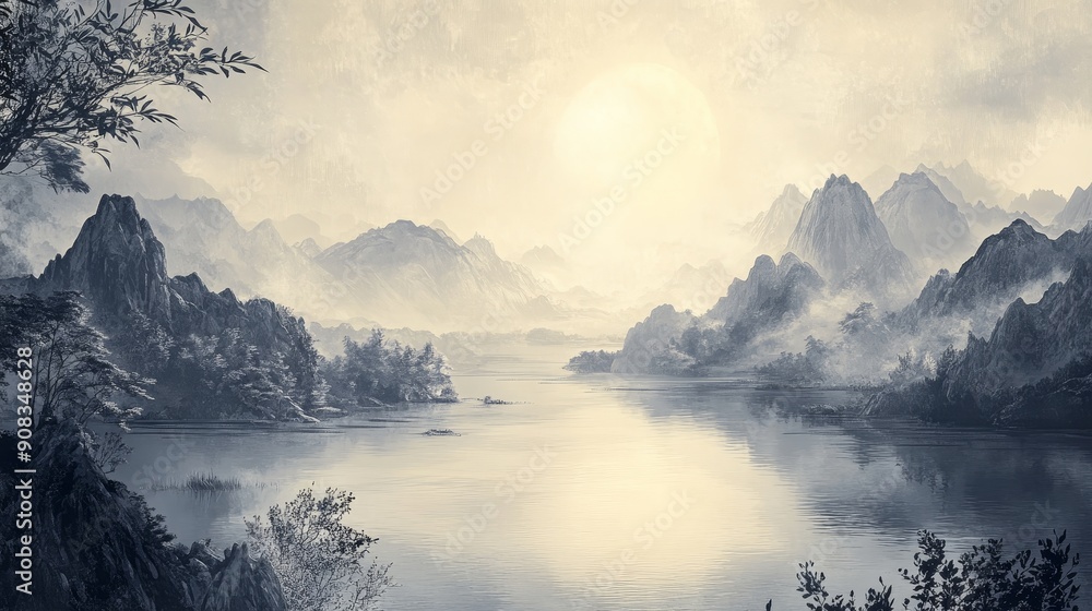 Serene Chinese Scenic Lake Wall Tapestry in Light Gray and Amber with Mountain Views | Artistic Hunting Scenes and Elegant Calligraphy Serene Chinese Scenic Lake Wall Tapestry in Light Gray and Amber with Mountain Views | Artistic Hunting Scenes and Elegant Calligraphy