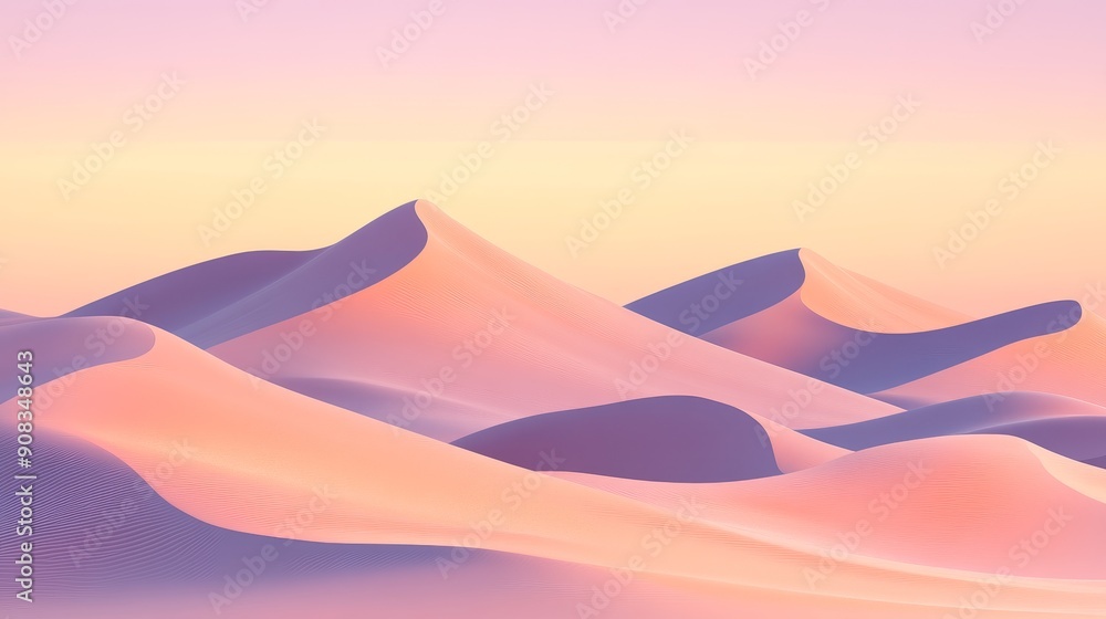 Tranquil Desert Serenity: Rolling Sand Dunes at Sunrise with Pink Sky Gradient Background Tranquil Desert Serenity: Rolling Sand Dunes at Sunrise with Pink Sky Gradient Background