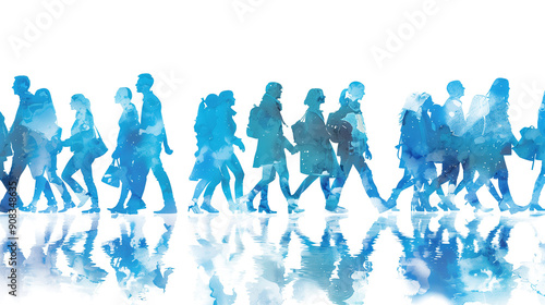 Blue silhouette of crowd of people walking on transparent background