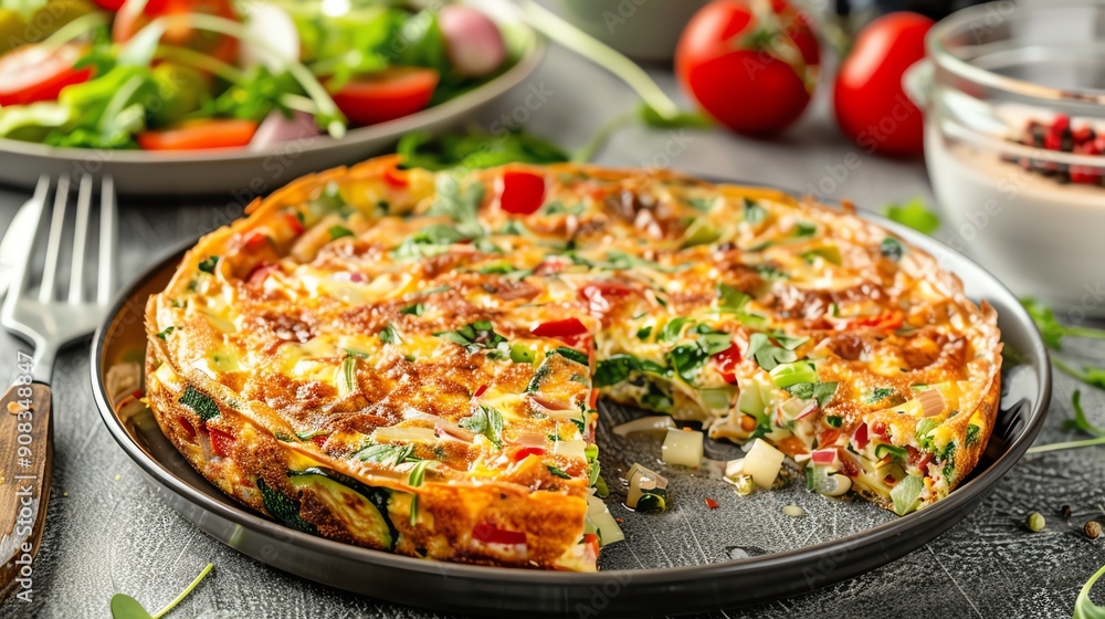 Breakfast table set with Italian vegetable frittata and a fresh garden salad Breakfast table set with Italian vegetable frittata and a fresh garden salad