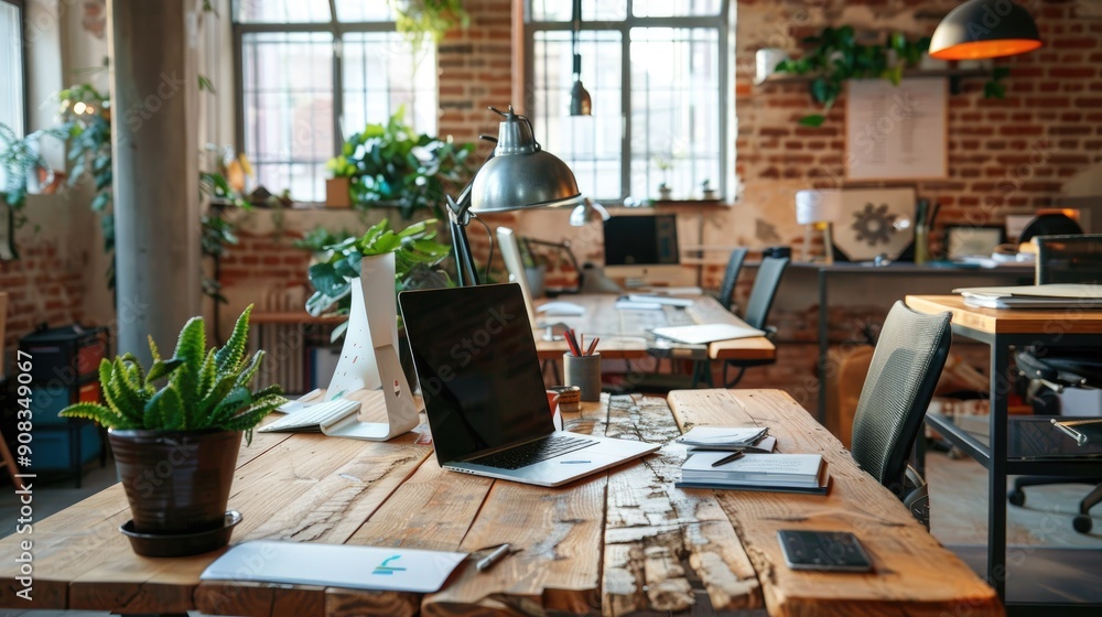 Naklejka premium Modern workspace with a focus on technology and efficiency