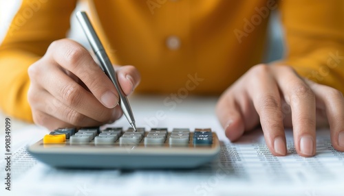 A close-up of hands using a calculator and pen to work on financial documents, illustrating accounting and financial management tasks.