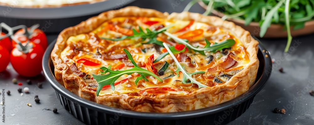 Italian breakfast quiche with mixed vegetables and a side of arugula Italian breakfast quiche with mixed vegetables and a side of arugula