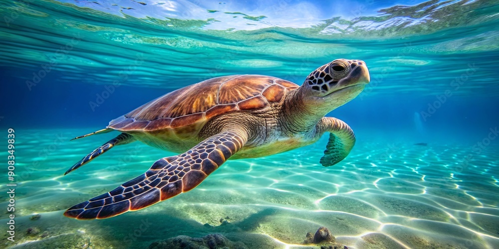 Obraz premium A detailed description A majestic sea turtle swimming gracefully in crystal clear waters, ocean, marine life