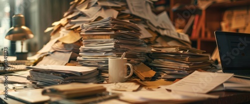 Paperwork Overload: A Mountain of Documents on a Desk