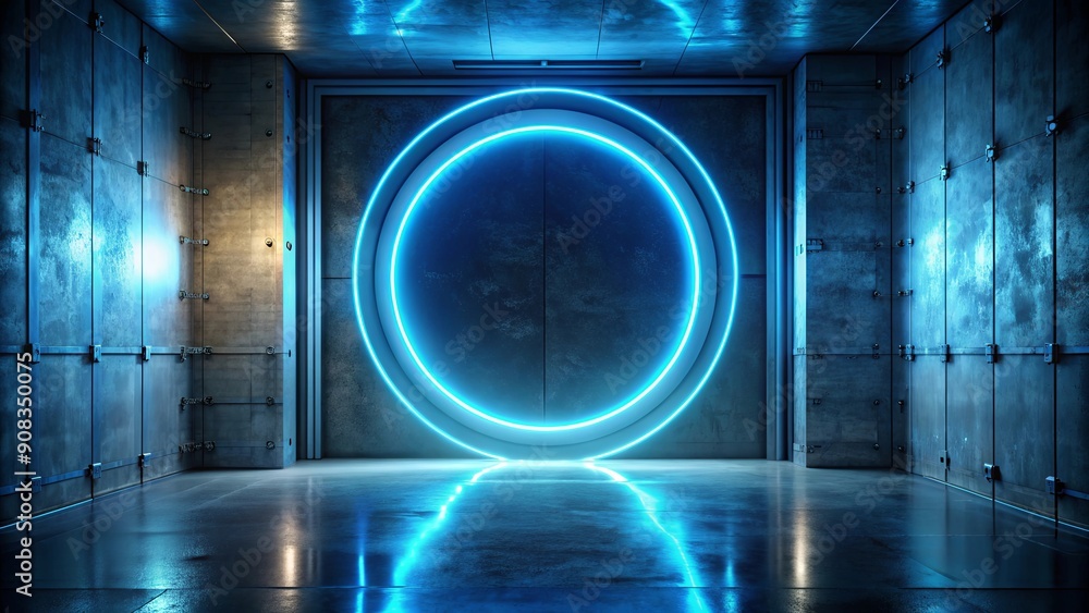 Circular blue glowing sci-fi door in alien temple with dark background ...