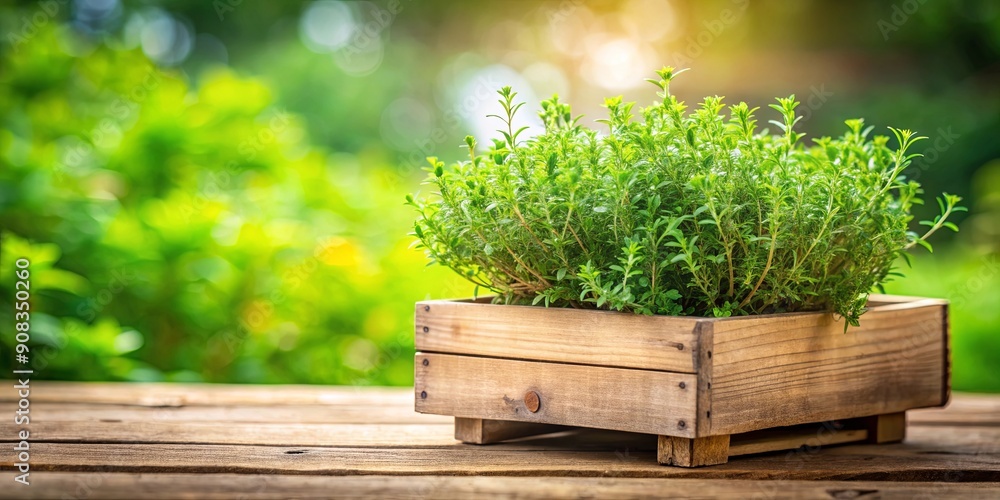 Thyme growing in a rustic wooden crate outdoors, organic, herb, cultivation, agriculture, natural, fresh, plant, wooden, crate Thyme growing in a rustic wooden crate outdoors, organic, herb, cultivation, agriculture, natural, fresh, plant, wooden, crate