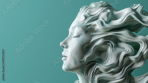 A 3D rendering of a human face with flowing hair.