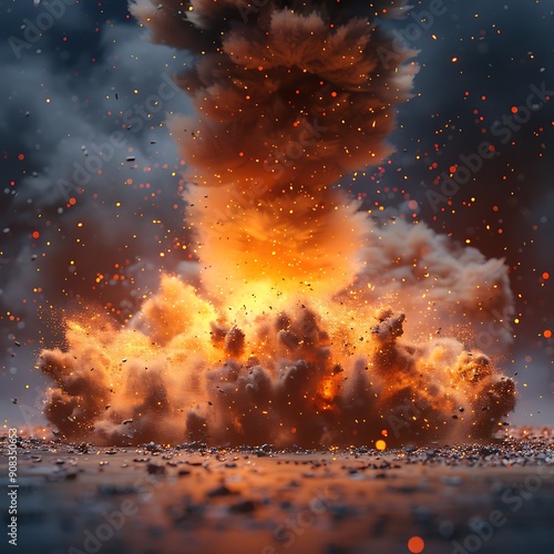 Extremely hot fiery explosion with sparks and smoke, against white background 