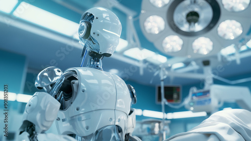 Surgical Robot in the Operating Room: A futuristic medical robot stands poised in an operating room, its sleek, white form illuminated by the sterile blue light. The scene evokes a sense of technologi