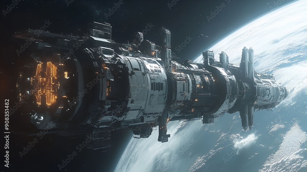A massive, futuristic spaceship hovers above a planet, its metallic structure illuminated by glowing lights. The vast expanse of space surrounds the vessel, highlighting its advanced technology A massive, futuristic spaceship hovers above a planet, its metallic structure illuminated by glowing lights. The vast expanse of space surrounds the vessel, highlighting its advanced technology