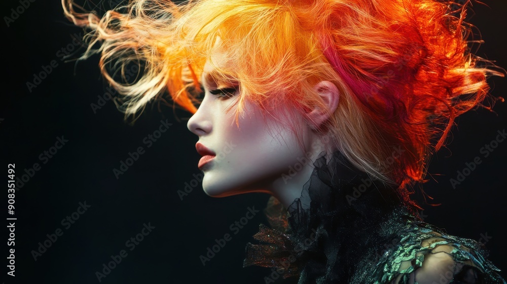 High-fashion editorial shot features a model with short, sleek orange hai