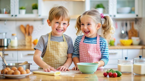 Portrait of happy smiling cute beautiful male and female siblings, toddler preschool boy and girl, brother and sister in the kitchen, children or kids wearing aprons. Family, food, cooking, baking