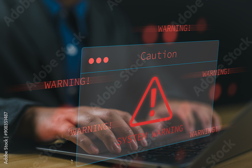 Plakat System warning hacked alert, cyberattack on computer network. Cybersecurity vulnerability, data breach, illegal connection, compromised information concept. Malicious software, virus and cybercrime.