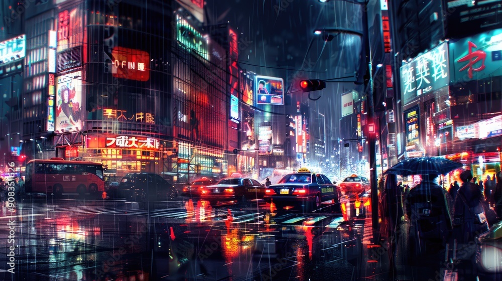 Night cityscape with neon-lit buildings and bustling streets Night cityscape with neon-lit buildings and bustling streets