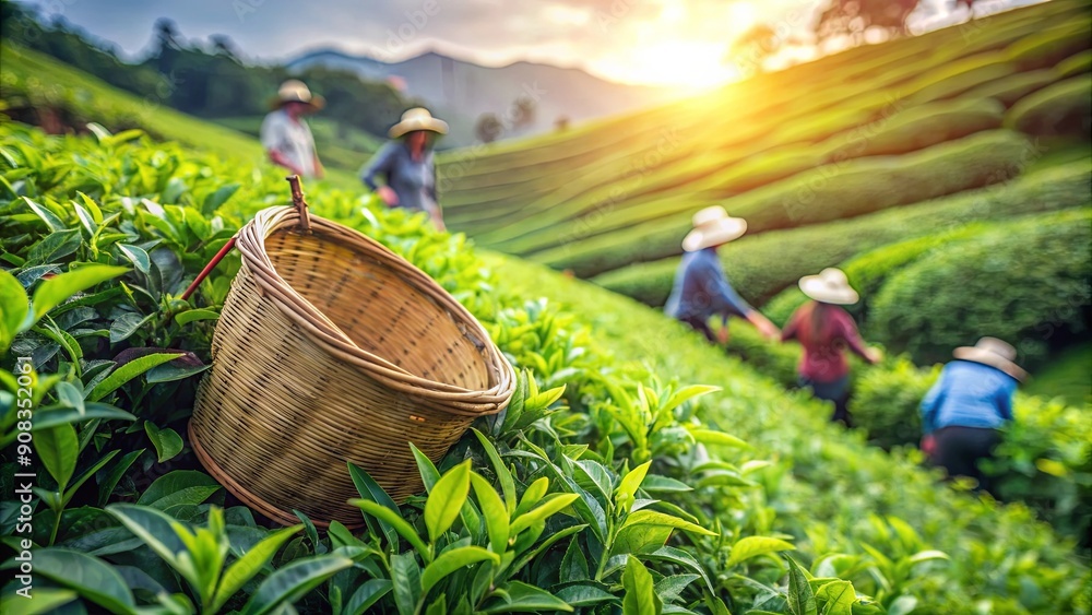 Fototapeta premium Tea leaves being harvested on a lush plantation , tea, leaves, harvesting, agriculture, farm, plantation, rural, organic, agriculture