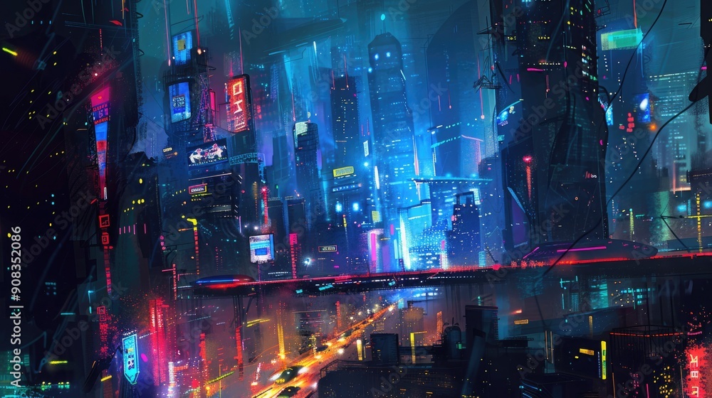 Night cityscape with neon-lit buildings and bustling streets Night cityscape with neon-lit buildings and bustling streets