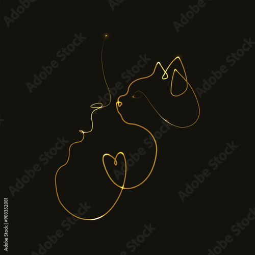 Cat Line Art, One Line Drawing, Heart Girl cat, Female Portrait, Pet Memorial Art, pet Love, Minimal Design,  Cat lover, Pet and woman, continuous line drawing of pet lover with cat. Animal lover. 
