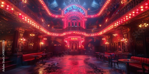 A grand and opulent interior of a nightclub with red lighting, a stage, and ornate details.