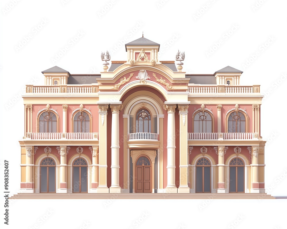 Fototapeta premium Empresss palace, flat design, side view, historical theme, 3D render, Triadic Color Scheme