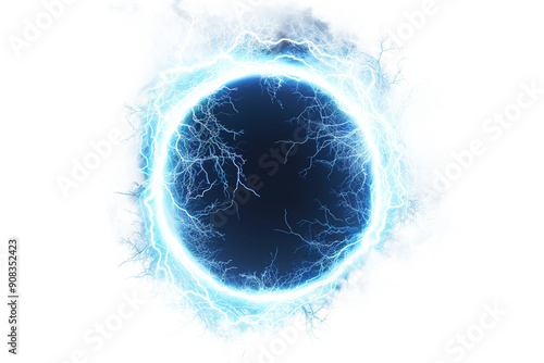 Round frame of shining blue electric lightning isolated on transparent background photo