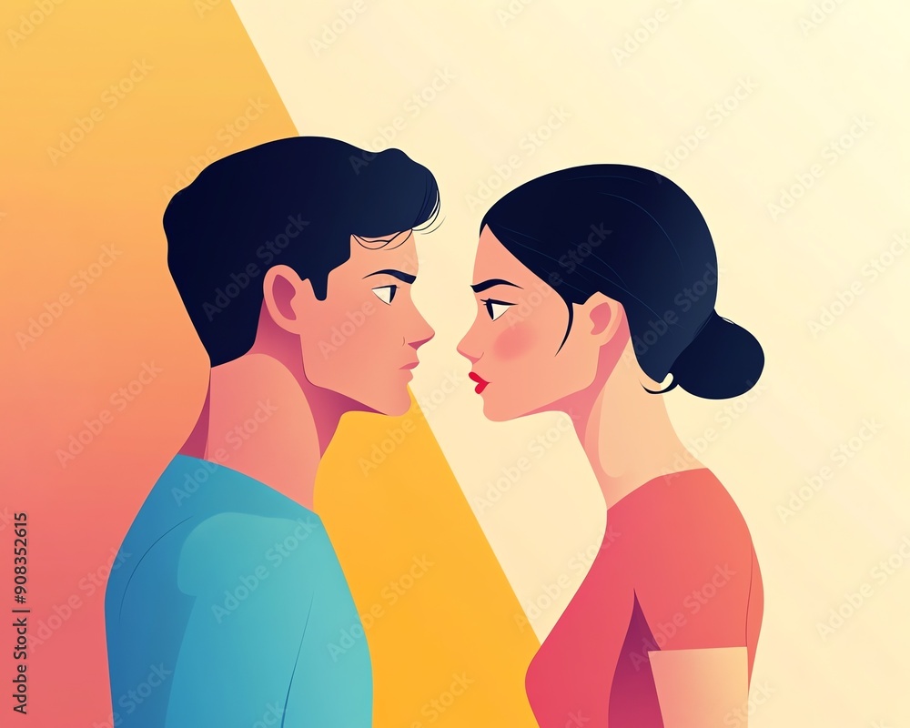 Obraz premium Lovers quarrel, flat design, side view, drama theme, cartoon drawing, Triadic Color Scheme