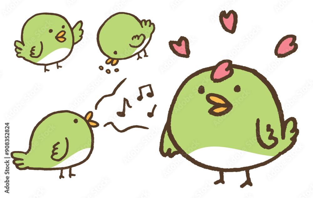 Obraz premium 緑色で丸くてかわいいうぐいすのような鳥のキャラ素材